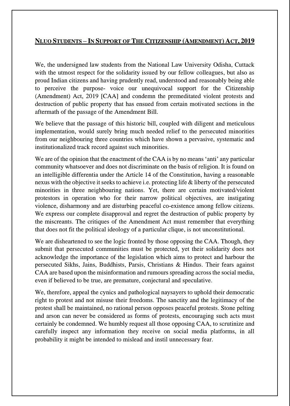 NLU O statement in support of CAA