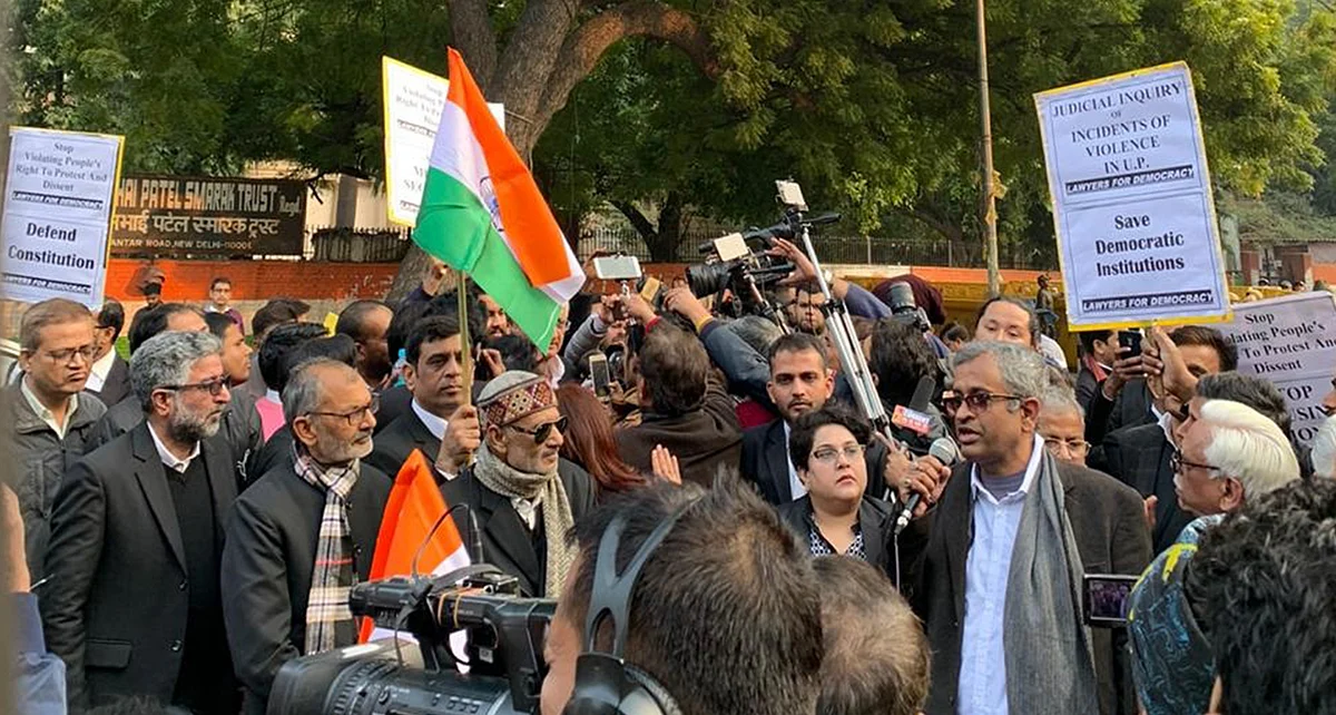 Senior Advocate Sanjay Hegde (towards right) seen speaking at the demonstration
