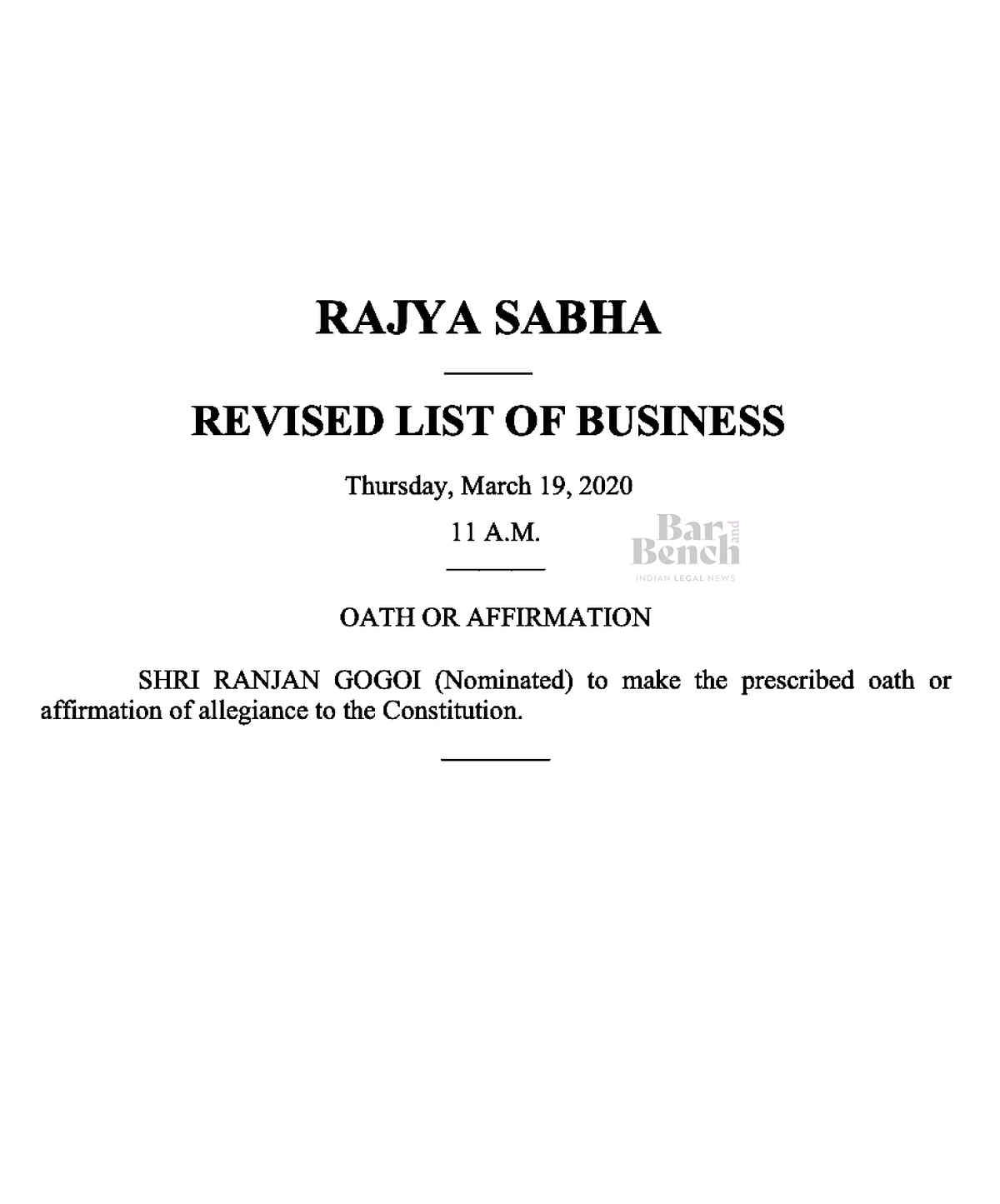 Rajya Sabha revised list of business