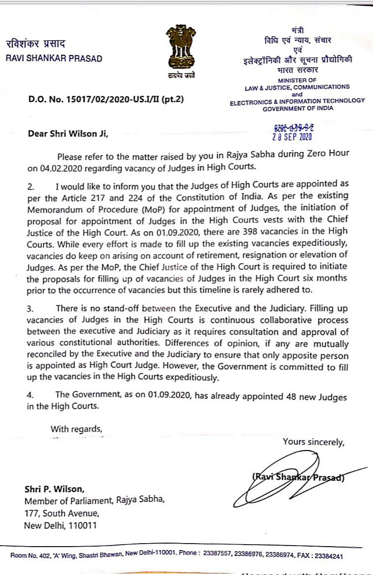 Law Minister RS Prasad's letter