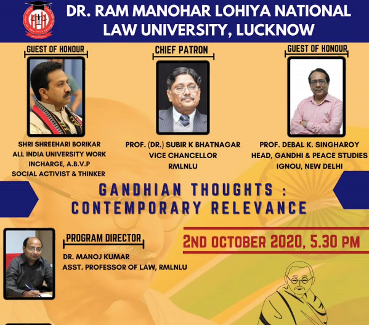 Webinar Alert: RMLNLU to host webinar on "Gandhian Thoughts: Contemporary Relevance" (Oct 2)