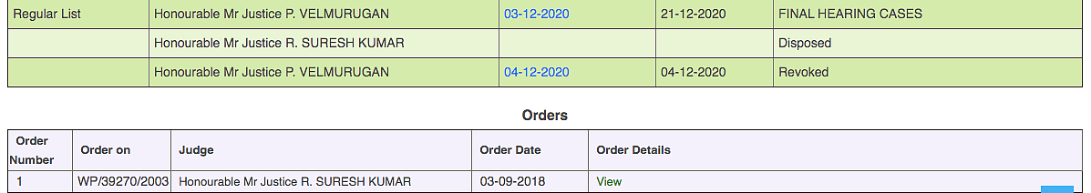 Screenshot of the e-Courts website reflecting that the December 3 order in this case was revoked on December 4
