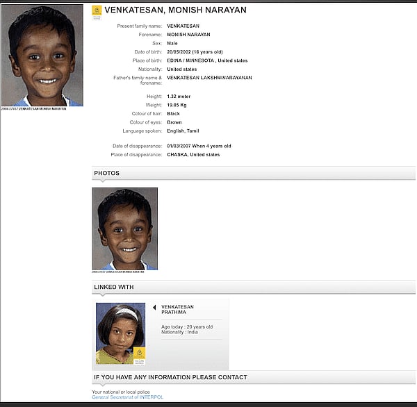 Yellow Corner Notice, uploaded on the Interpol Website
