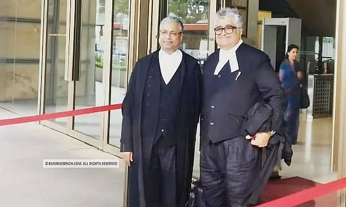 Gopal Subramanium and Harish Salve outside Singapore Court