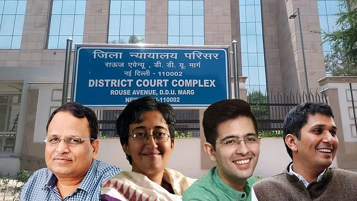 AAP leaders Satyendar Jain, Atishi, Raghav Chadha and Sourabh Bharadwaj with Rouse Avenue Court