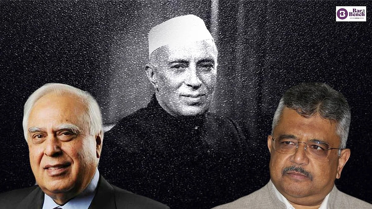 Pandit Jawaharlal Nehru (Centre), Kapil Sibal (Left) and SG Tushar Mehta (Right)