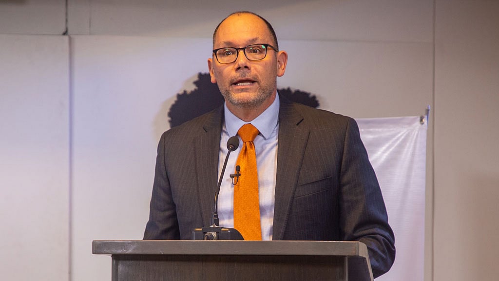 US Ambassador to Bangladesh Peter Haas speaks during a panel discussion at the EMK Centre in Dhaka on Sunday, Feb 5, 2023.