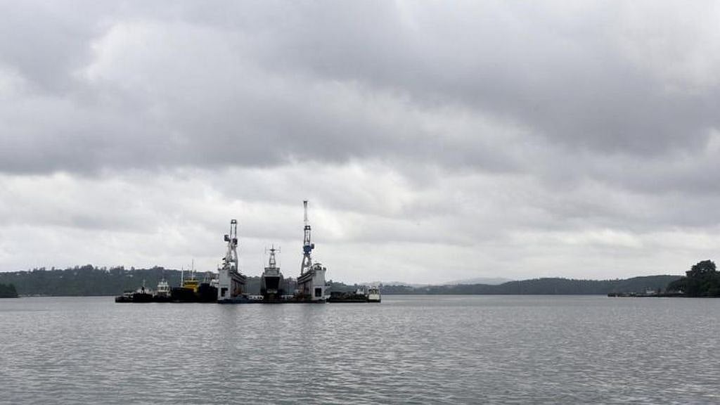 A floating dock of the Indian navy is pictured at the naval base at Port Blair in Andaman and Nicobar Islands, India, July 1, 2015. 