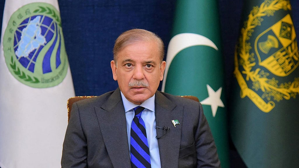 Pakistan's Prime Minister Shehbaz Sharif, addresses the 23rd Shanghai Cooperation Organization (SCO) Summit, hosted virtually by India, in Islamabad, Pakistan, Jul 4, 2023. 