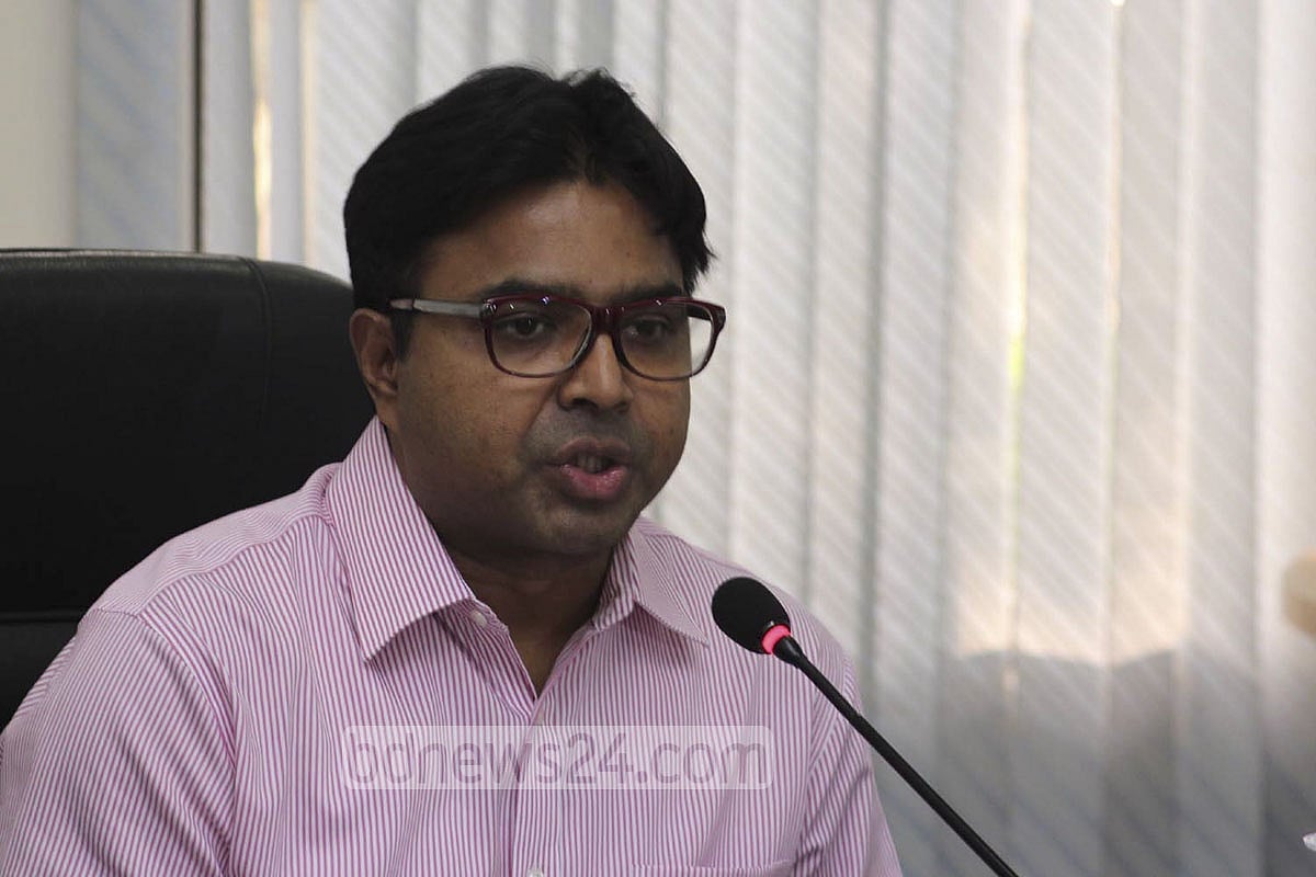 Mayor Sayeed Khokon addresses a press briefing at the Dhaka South City Corporation office on Sunday.