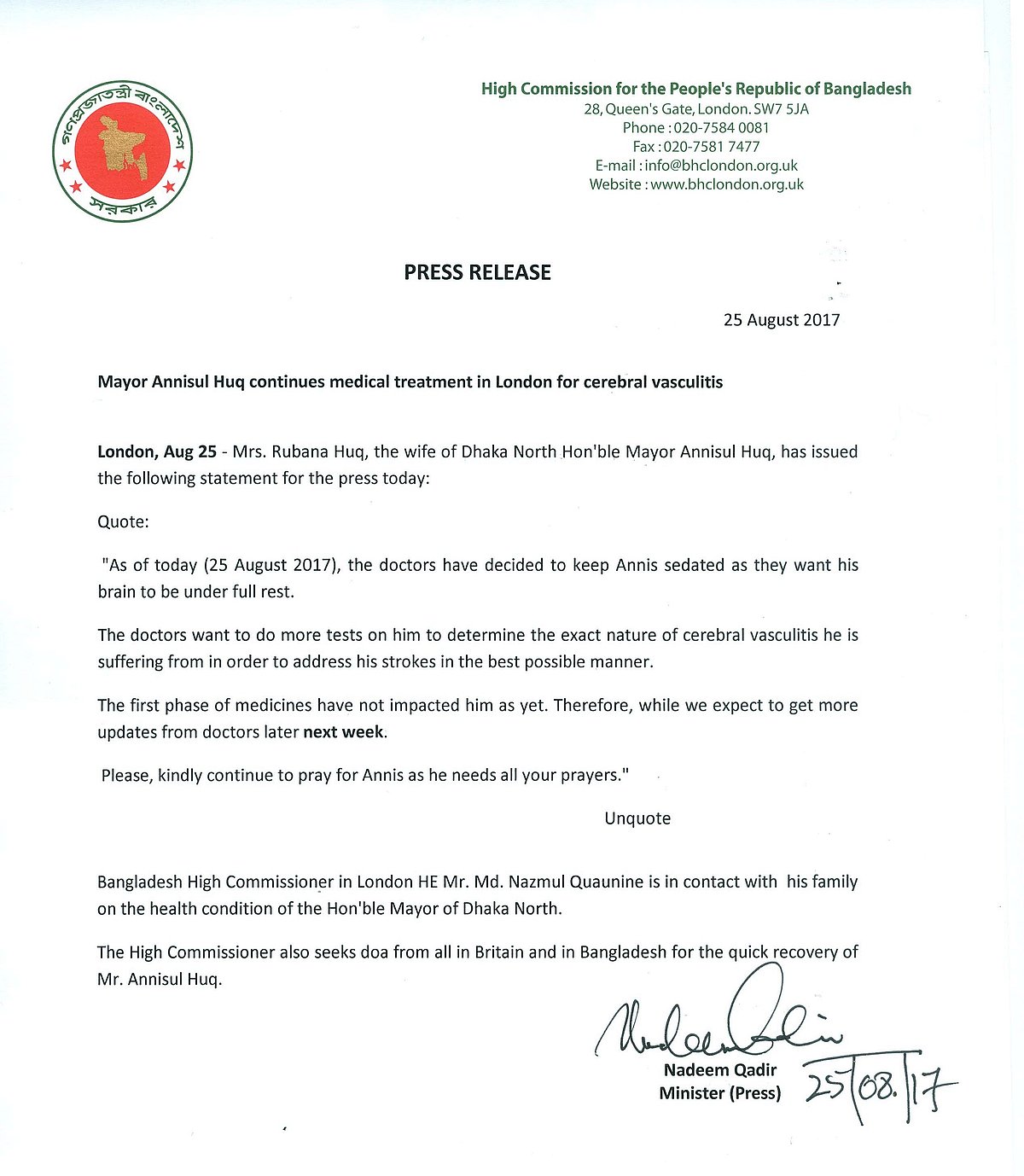 Mayor Annisul still 'sedated' in London, says his wife Rubana