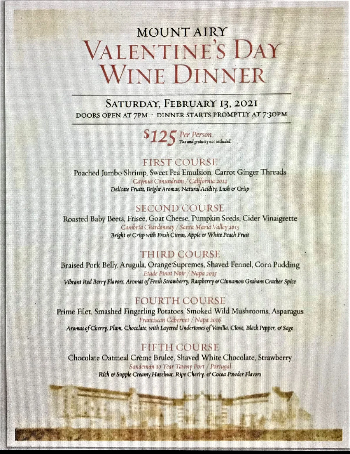 The Mount Airy Casino Resort 2021 Valentine's Day Wine Dinner Menu