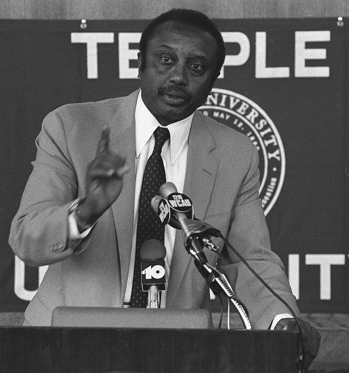 FILE - In this Aug. 18, 1982, file photo, John Chaney speaks during a news conference at Temple University in Philadelphia, the day after being named their NCAA college basketball head coach.