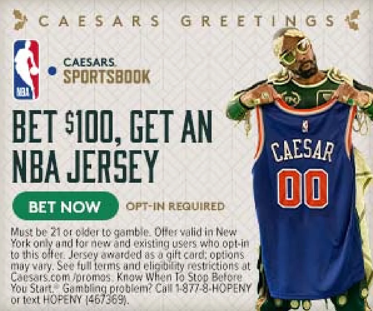 <div class="paragraphs"><p>Caesars is live in New York and they;re giving a free NBA jersey to New Yorkers who bet $100.</p></div>