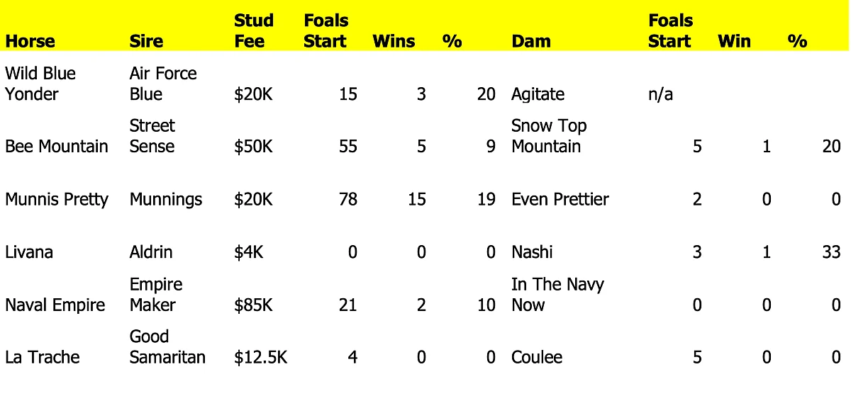 Sire/dam stats for the race.