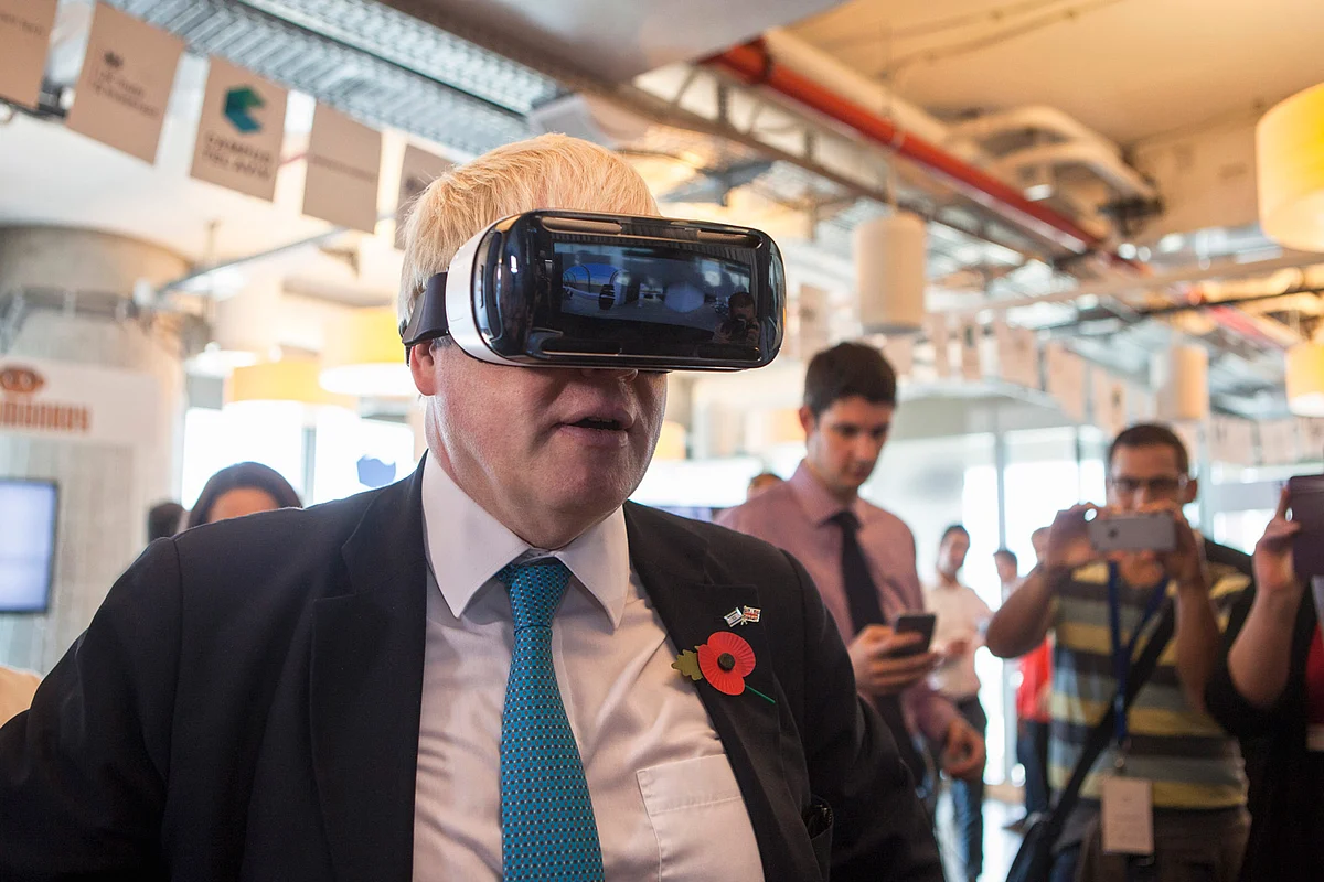 Mayor of London Boris Johnson wears virtual reality goggles during a visit to the Google offices. (Photo: AP)
