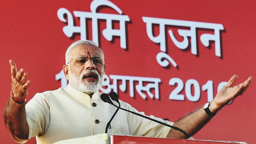 Prime Minister Narendra Modi addresses after the “bhoomi poojan” for the start of construction work for the new BJP headquarters New Delhi. (Photographer: Kamal Singh/ PTI)
