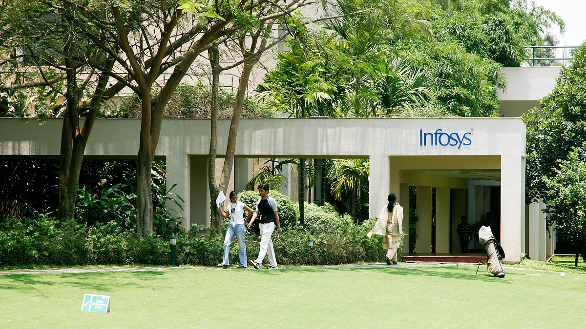 Employees of Infosys Technologies Ltd. are seen walking around the Infosys campus in Bangalore, India. (Photographer: Namas Bhojani/Bloomberg News)