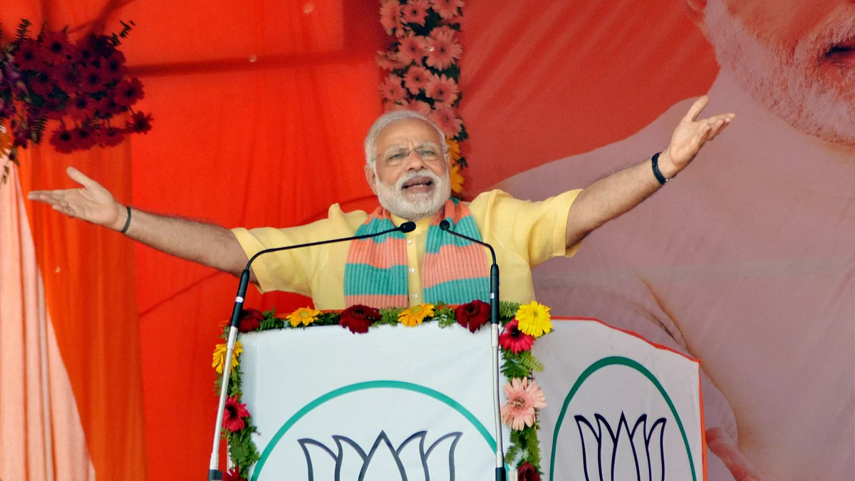 Prime Minister Narendra Modi addresses an election campaign rally in Maharajganj district, India. (Source: PTI)