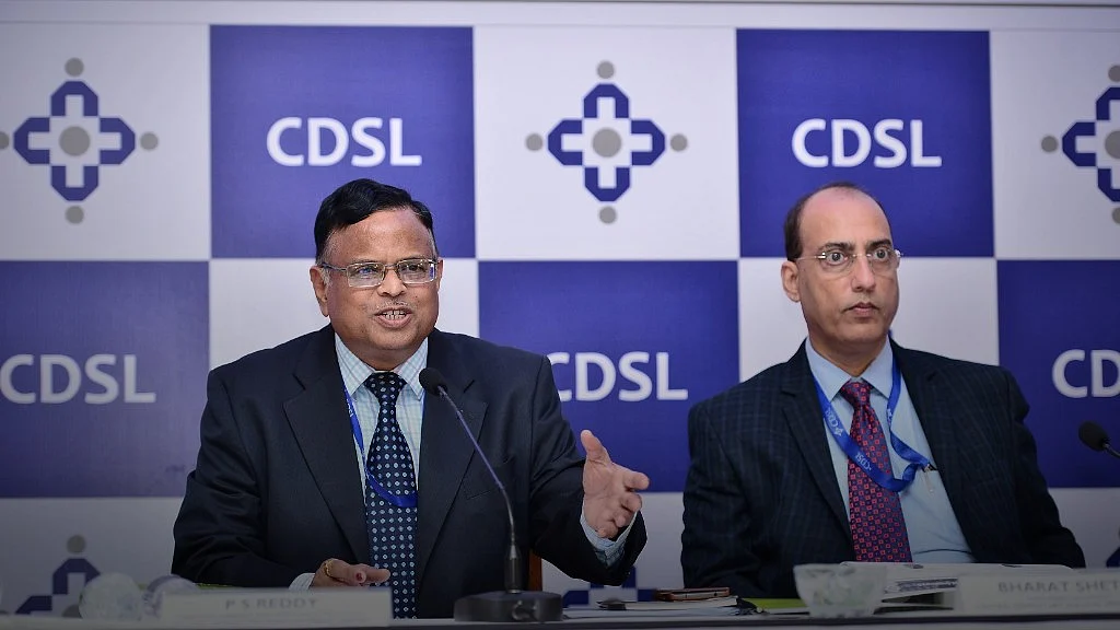 PS Reddy, Managing Director and Chief Executive Officer, Central Depository Services (India) Ltd. seated on left with Bharat Sheth, Chief Financial Officer, Central Depository Services (India) Ltd. at the CDSL IPO press conference in Mumbai, India. (Source: Company)