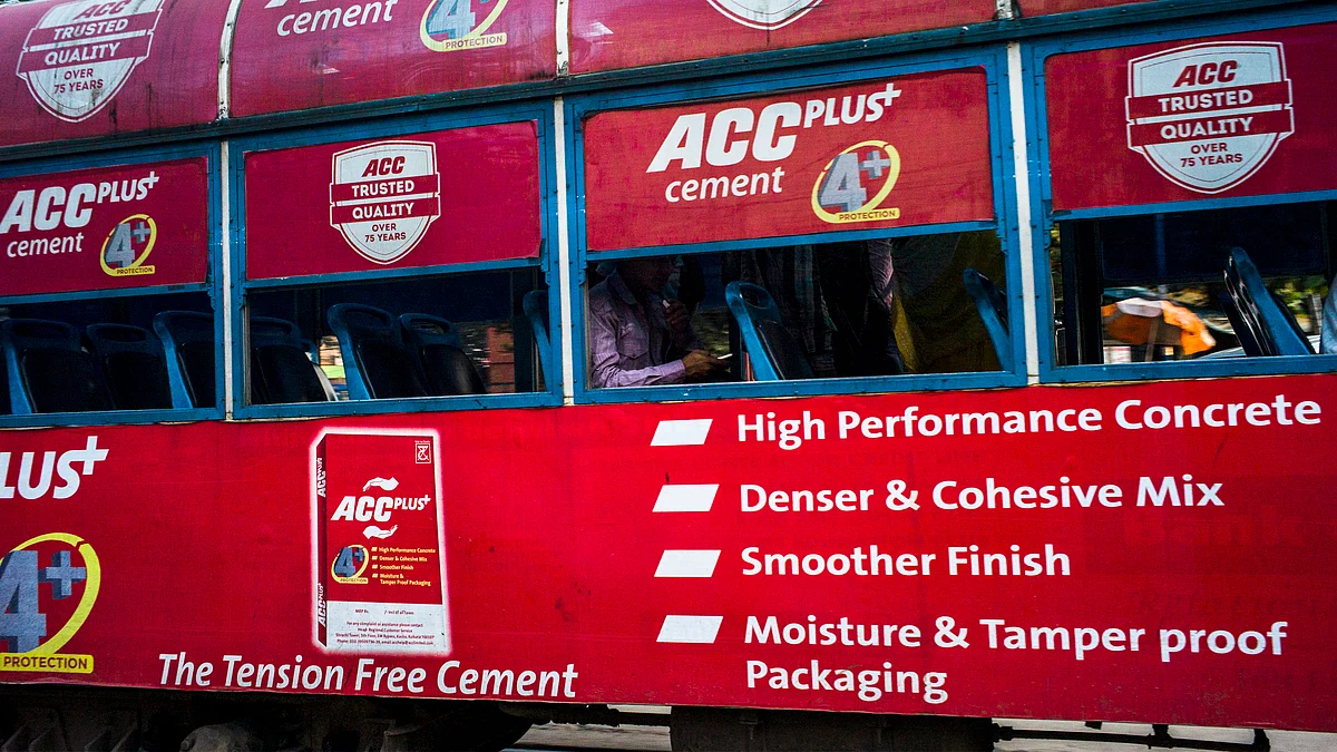 ACC Cement advertisements are pasted on a tram in West Bengal. (Photo: Sanjit Das/Bloomberg)