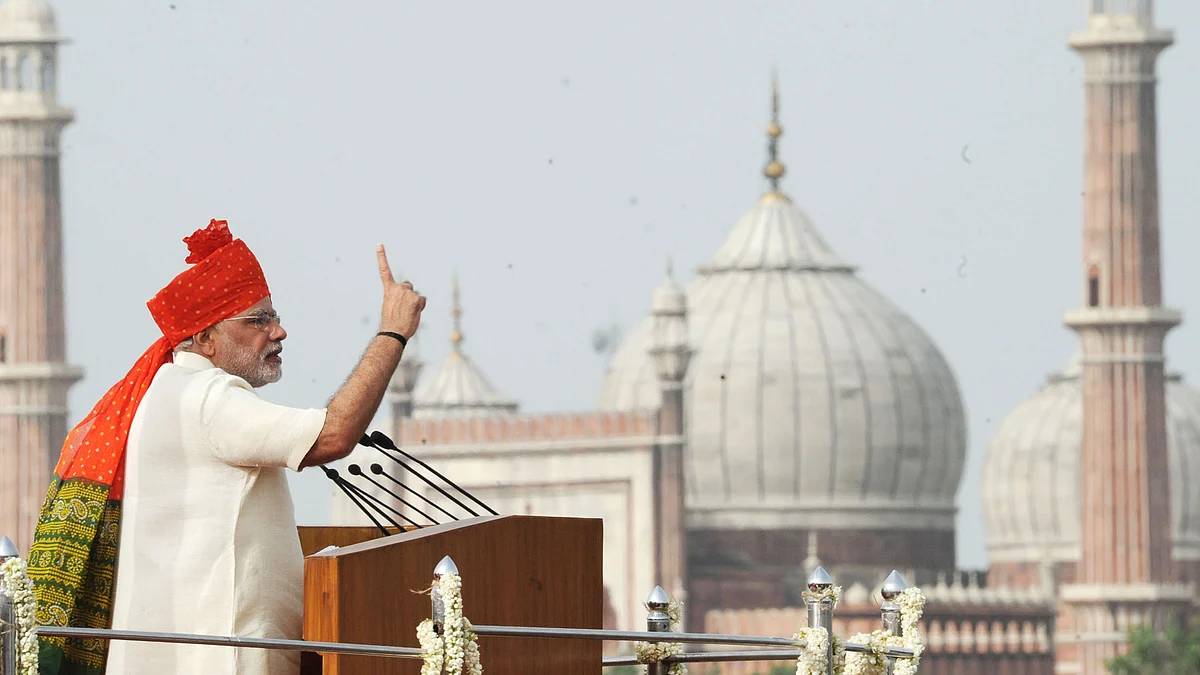 Prime Minister Narendra Modi addressing the Nation on the occasion of 68th Independence Day from the ramparts of Red Fort, in Delhi on August 15, 2014. (Photograph: PIB)