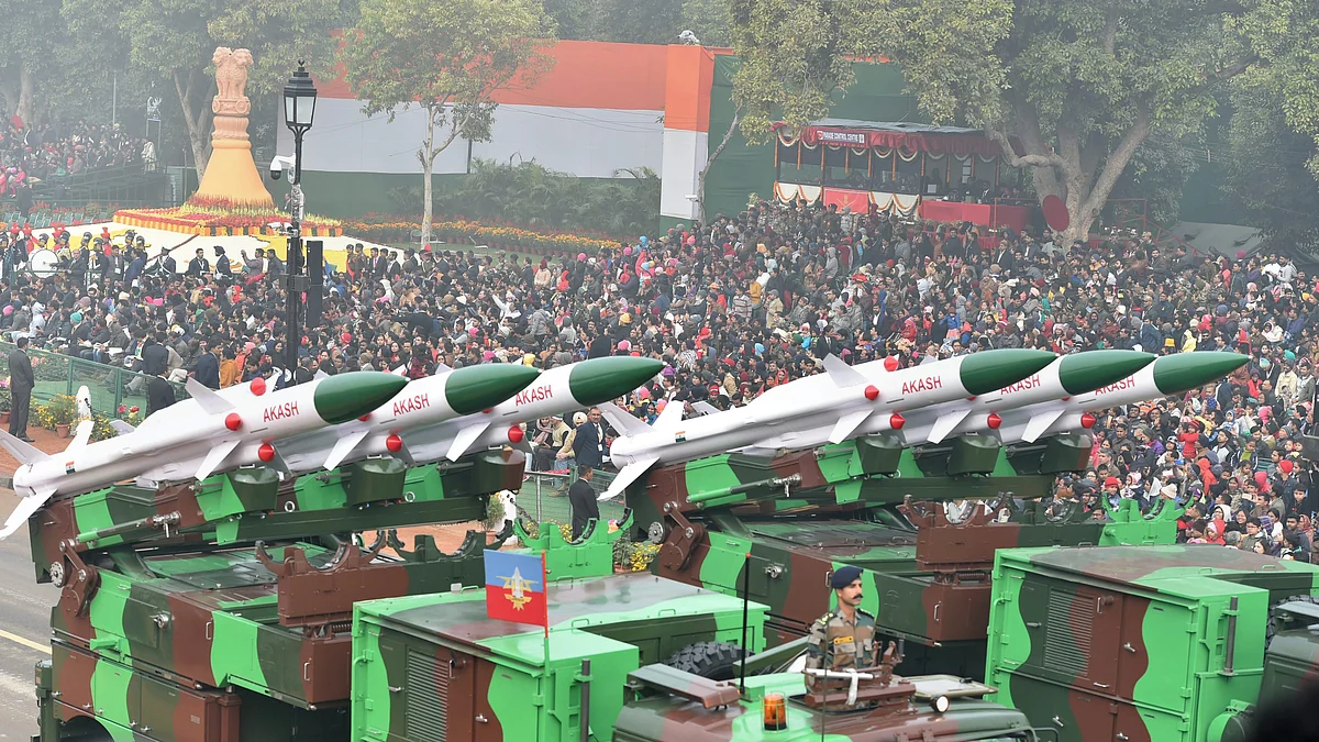 A display of Akash weapon system at Rajpath during the 69th Republic Day Parade, in New Delhi. (Image: PTI)