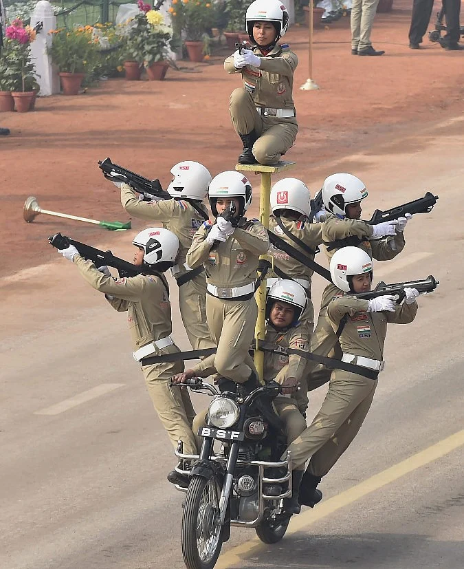 BSFs all-women team Seema Bhawani performs on motorcycles during 69th Republic Day Parade at Rajpath in New Delhi. (Image: PTI)