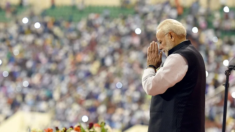 The Prime Minister, Narendra Modi arrives, at Sultan Qaboos Sports Complex in Muscat to address the Indian community, Oman on February 11, 2018. (Source: PM India Website)