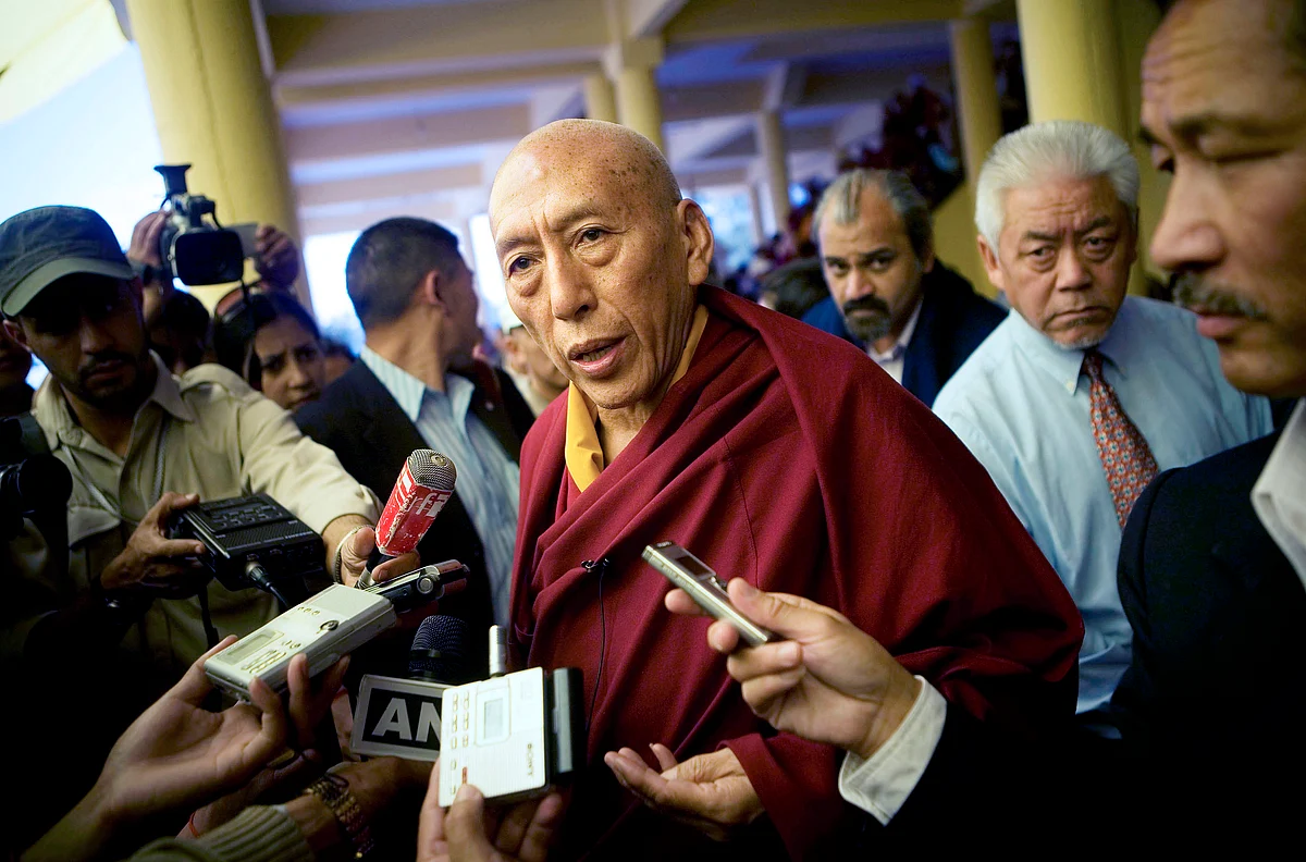 Samdhong Rinpoche, then prime minister of the Tibetan Government in exile, speaks to the media at the Namgyal Temple in Dharamsala, India, on March 22, 2008. (Photographer: Adam Ferguson/Bloomberg News)