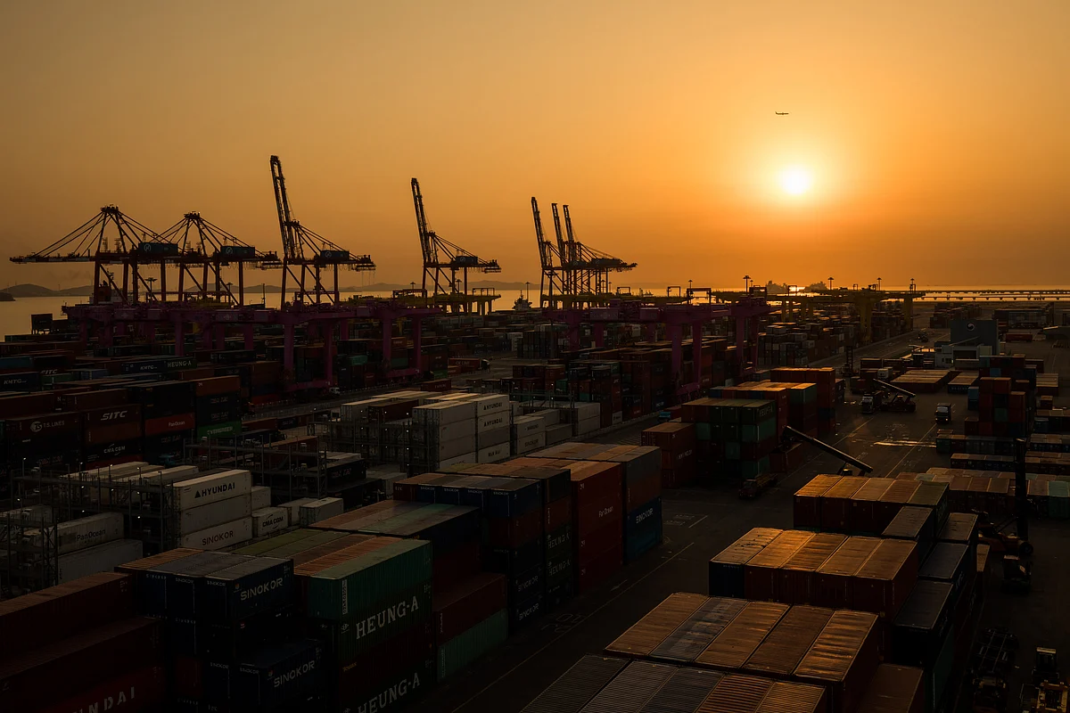 Containers sit stacked beneath gantry cranes. (Photographer: SeongJoon Cho/Bloomberg) 
