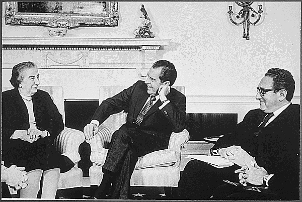 U.S. President Richard Nixon, Secretary of State Henry Kissinger and Israeli Prime Minister Golda Meir, meet in the Oval Office, on March 1,1973. (Photograph: U.S. National Archives and Records Administration)