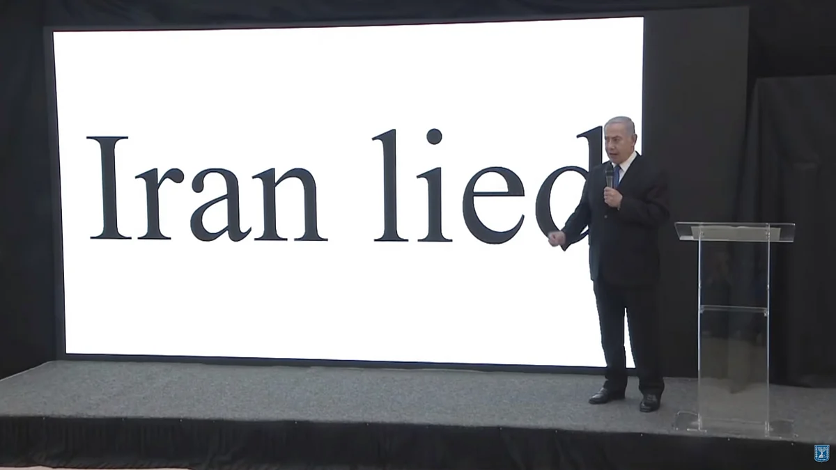 Israel’s Prime Minister Benjamin Netanyahu makes a presentation on April 30, 2018. (Image: Twitter, YouTube / <a href="https://twitter.com/netanyahu">@<b>netanyahu</b></a>)