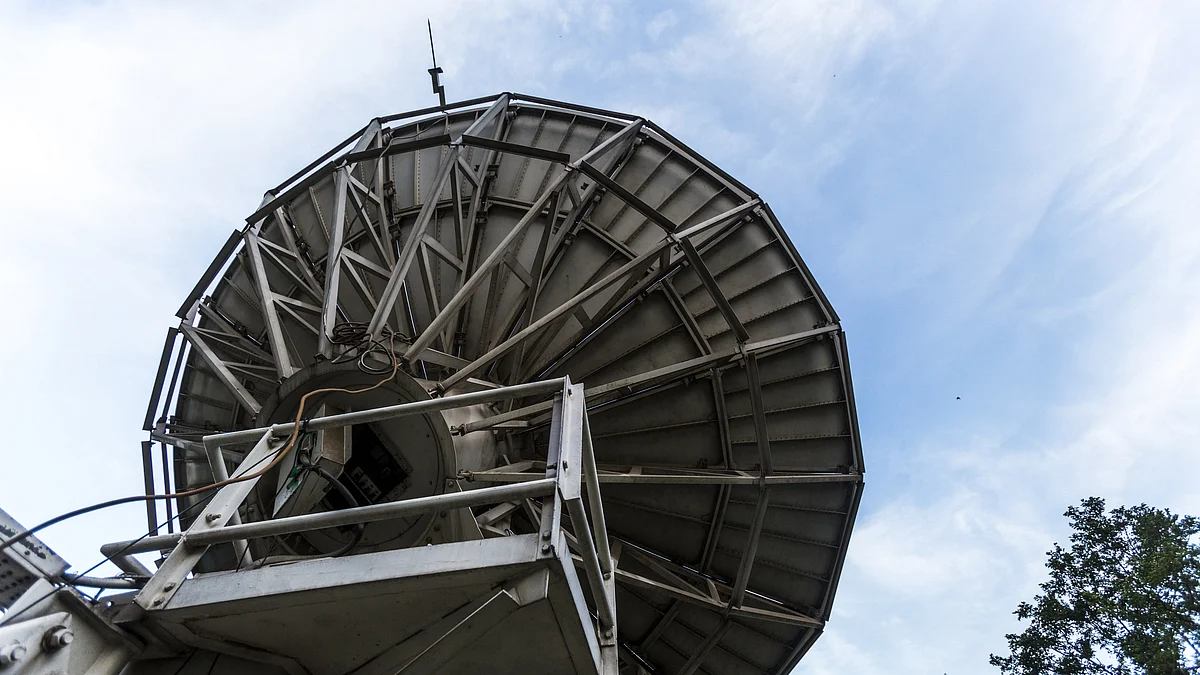 A parabolic antenna stands at the National Satellite Meteorological Center in New Delhi. (Photographer: Prashanth Vishwanathan/Bloomberg)