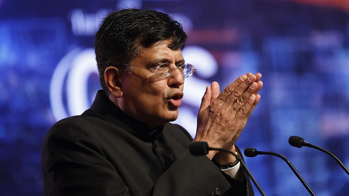 Piyush Goyal, India’s railways and coal minister at a business summit. (Photographer: Anindito Mukherjee/Bloomberg)