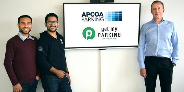 The Founders of Get My Parking Rasik Pansare and Chirag Jain with Philippe Op de Beeck from APCOA.