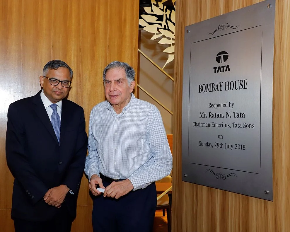 Former Chairman of Tata Sons Ratan Tata with the current Chairman N Chandrasekaran, at the reopening of Bombay House. (Source: Tata Sons)