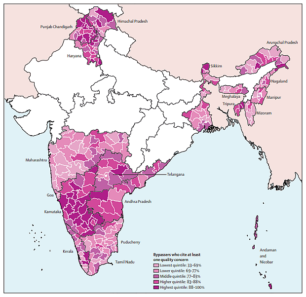 Proportion of households that report quality concerns as reason for bypassing public facilities in districts in India. Data are from the fourth cycle of the District Level Household and Facility Survey done by the International Institute of Population Sciences from 2012 to 2014, in 21 states of India. A quality concern was defined as mentioning any of the following as a reason for bypassing government facilities: inadequate infrastructure, doctor not available, absent health workers, poor quality, drugs not available, inconvenient hours, long wait time, or distrust. In darker coloured districts, a higher proportion of households cited quality concerns.