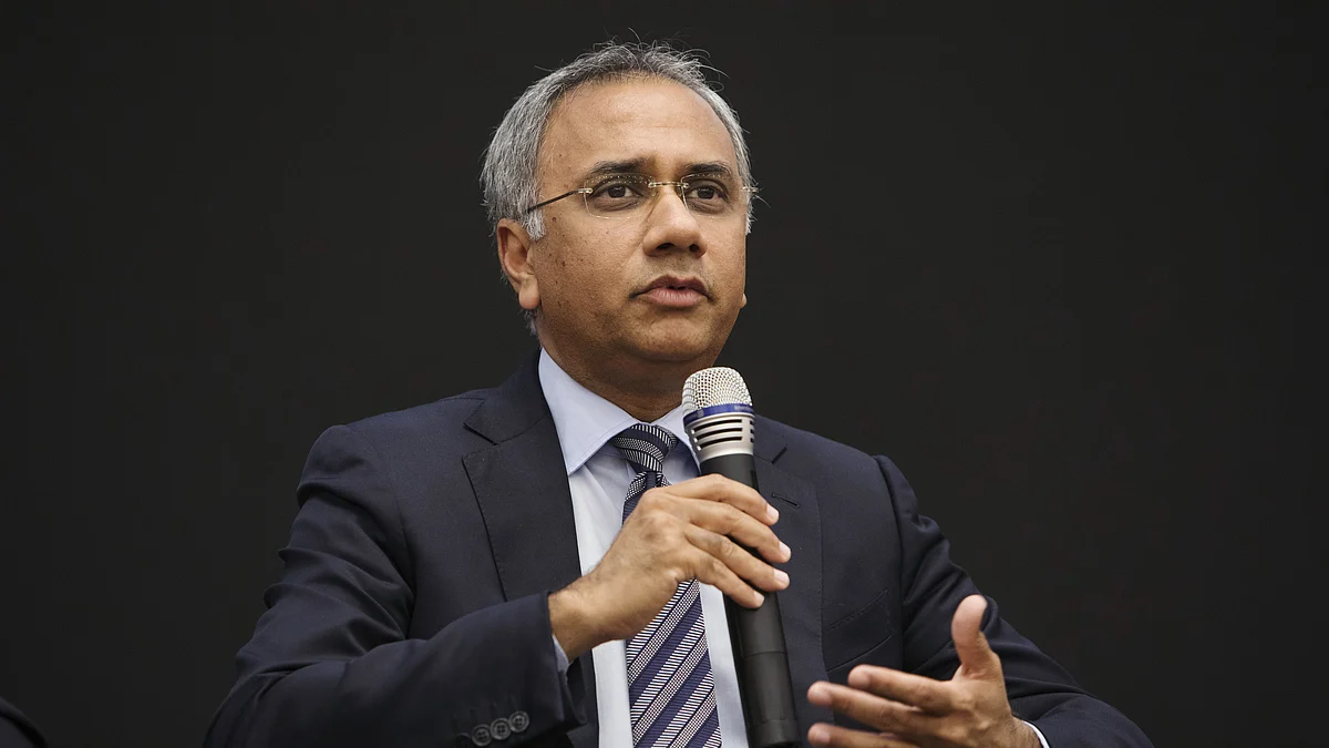 Salil Parekh, chief executive officer of Infosys Ltd., speaks during a news conference. (Photographer: Samyukta Lakshmi/Bloomberg)