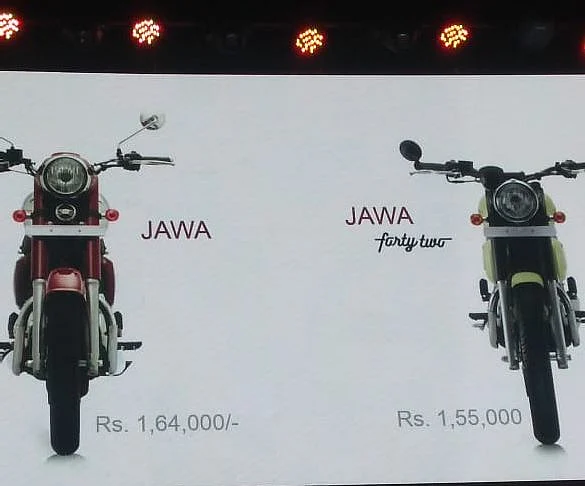 Pricing of Jawa and Jawa 42 models displayed at the launch event. (Source: BloombergQuint)