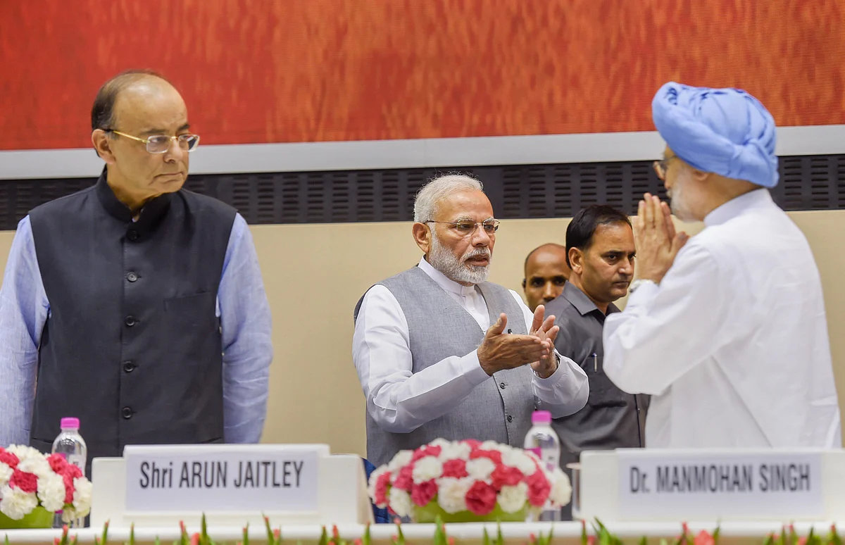 Finance Minister Arun Jaitley, Prime Minister Narendra Modi, and former Prime Minister Manmohan Singh in New Delhi, on Sept. 2, 2018. (Photograph: PTI)