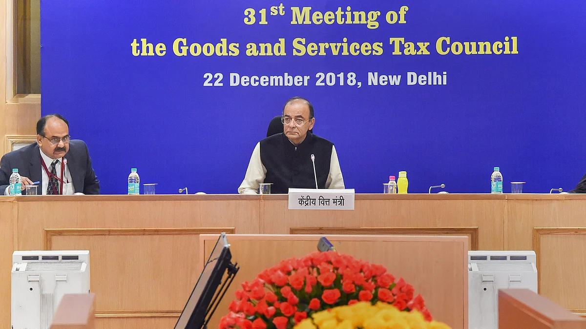 Finance Minister Arun Jaitley at the 31st meeting of the GST Council, in New Delhi, on Dec. 22, 2018. (Photographer: Manvender Vashist/PTI)