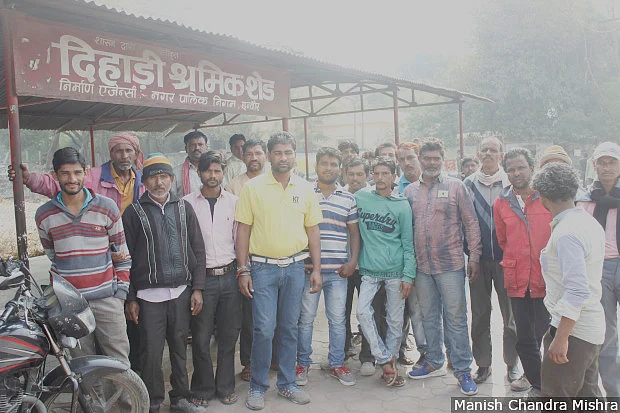Daily-wage workers gather at the ‘Dehadi Shramik Shed’, or the Wage Workers’ Shed, built by the Indore Nagar Palika Nigam (municipal corporation) at Khajrana Square. 
