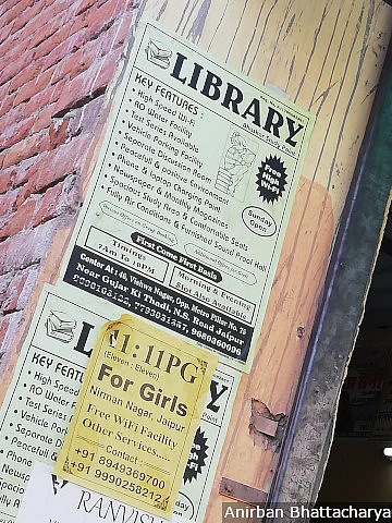 Libraries and paying guest facilities aim to attract students with WiFi, clean water, parking, air conditioning, charging points and a “positive environment” in Gujar ki Thadi in Jaipur, Rajasthan.