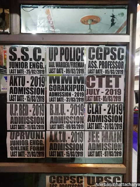 Posters announcing openings and admissions to coaching centres in Katra in Allahabad in southern Uttar Pradesh. Such posters are a common sight all over Katra.