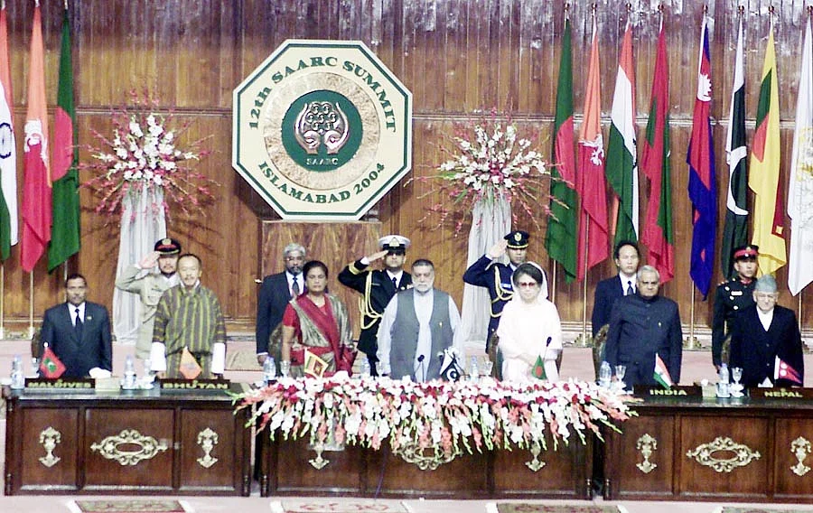 SAARC Heads of Governments, at the 12th Summit in Islamabad where SAFTA was signed, on January 6, 2004. (Photograph: PIB)