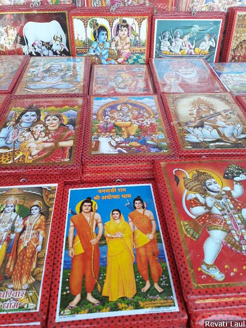 Articles of worship and pictures of Gods--some of them depicting the stills from the television series on the Ramayana that aired in 1987-88 on state-run Doordarshan TV--on display in stores outside the shrine at Ayodhya.