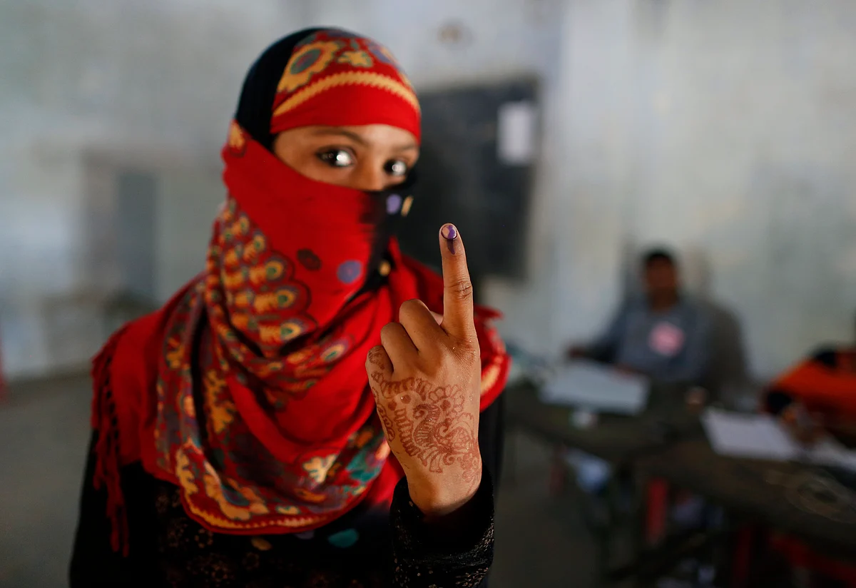 An Indian woman displays the indelible ink mark on her finger after casting her vote in Kausambi district of Uttar Pradesh. Voters cast their ballots on Monday in the crucial fifth phase of India’s marathon elections.