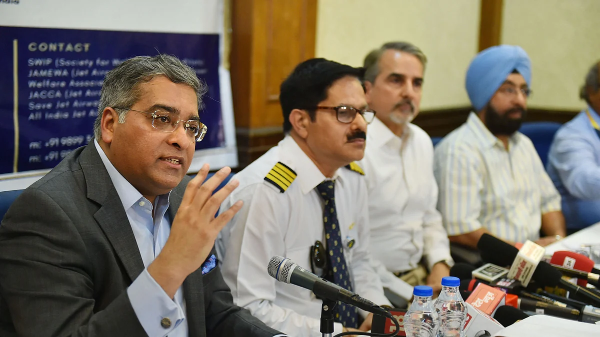 AdiGroup Chairman Sanjay Viswanathan during a press conference with Jet Airways employees, in New Delhi on Friday. (Photographer: Arun Sharma/PTI)