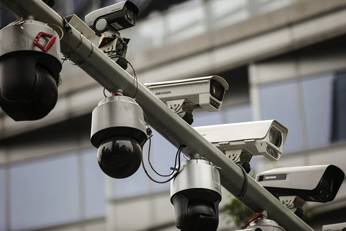 Surveillance cameras are mounted on a post at a testing station in Hangzhou, China, on May 28, 2019. (Photographer: Qilai Shen/Bloomberg)